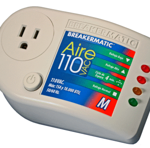 PIN110-M00EST Aire 110 M - Protector Electrónico enchufable para Aires Acondicionados y Equipos de Refrigeración con Voltaje Ajustable  y suiche ON-OFF  120V 15A  NEMA5-15 (Edición Español)