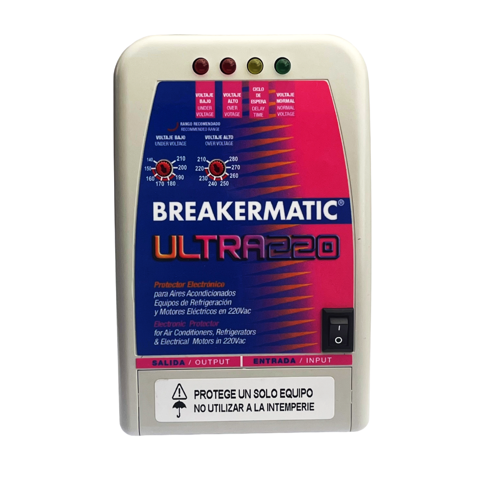 PBE220-AM0EST ULTRA 220 AM - Protector Electrónico de Voltaje 220 V 40 A, conexión de bornera, formato comercial , voltajes de corte ajustable y on/off switch, para aires acondicionados convencionales, equipos de refrigeración y motores eléctricos.