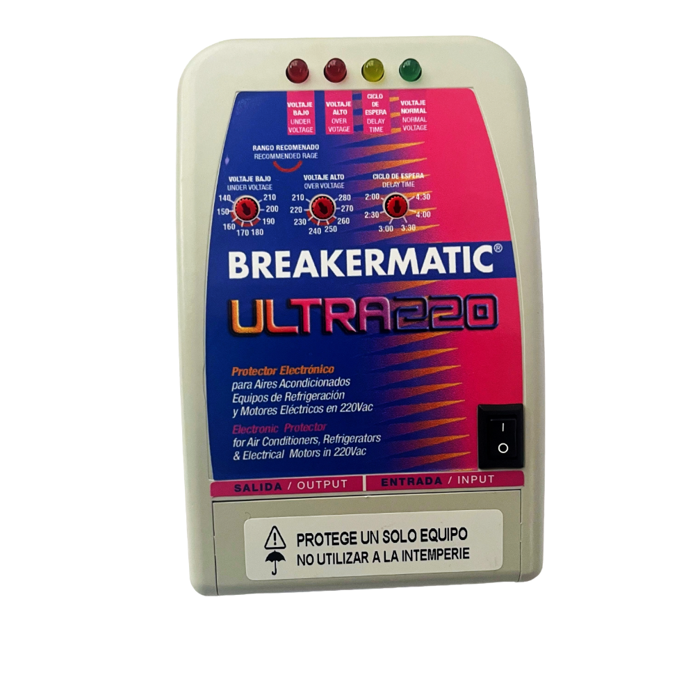 PBE220-AT0EST ULTRA 220 AT - Protector Electrónico de Voltaje 220 V 40 A, conexión de bornera, formato comercial, voltajes de corte ajustable, tiempo de retardo ajustable y suiche de encendido, para aires acondicionados convencionales, equipos de refrigeración y motores eléctricos.